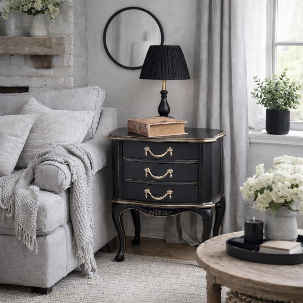 Nachtkastje/ladekastje Queen Ann zwart-goud, Huis en Inrichting, Kasten | Ladekasten, Ophalen, Minder dan 50 cm, Antiek, brocante