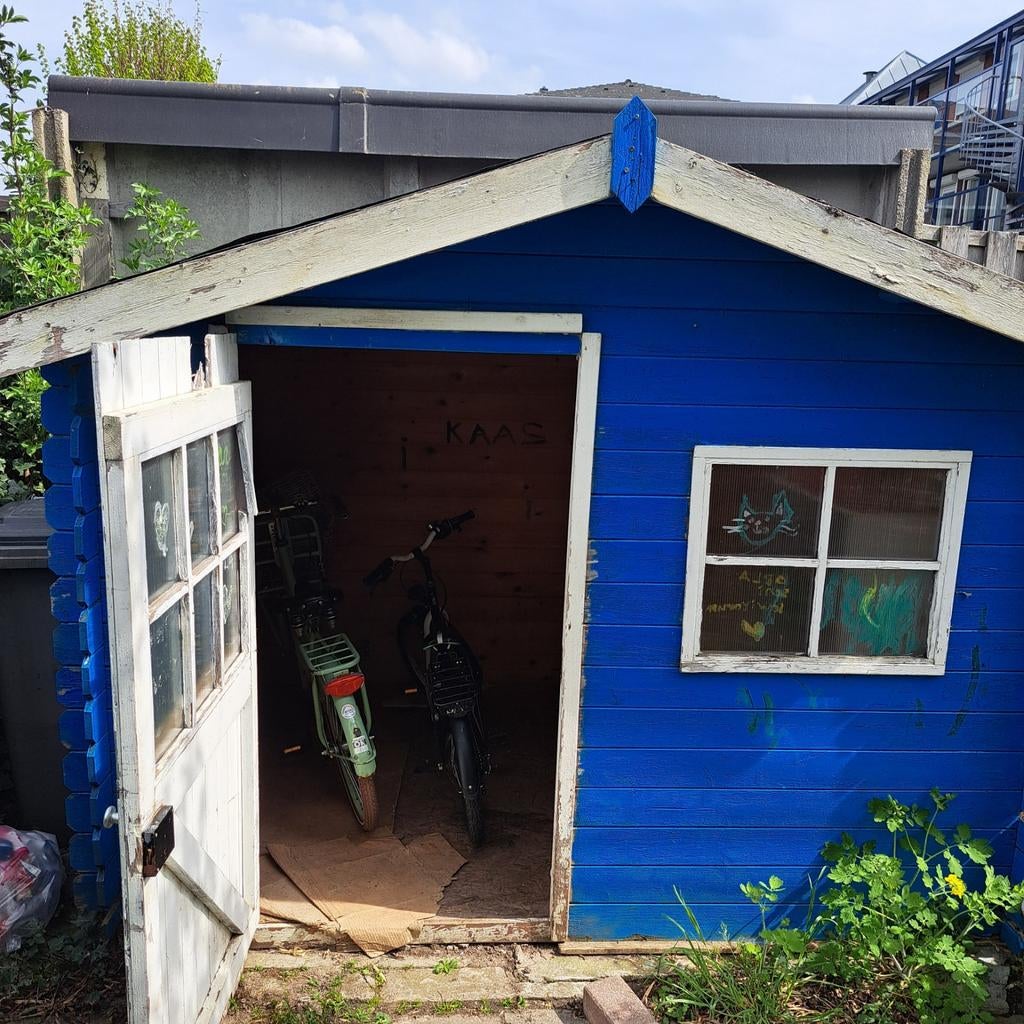 Compacte blauwe schuur met raam en deur, Tuin en Terras, Tuinhuizen, Gebruikt, Schuur, Hout, Minder dan 250 cm, Minder dan 200 cm