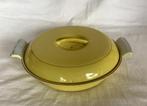 Vintage geel emaille drievaks pannetje met deksel (DRU), Antiek en Kunst, Ophalen of Verzenden