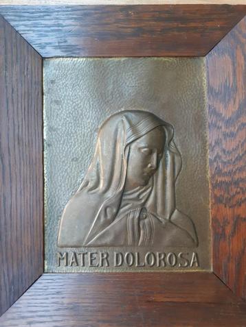 Mater( MARIA) DOLOROSA KOPEREN RELIÈF PLAAT 1920 EIKENLIJST beschikbaar voor biedingen