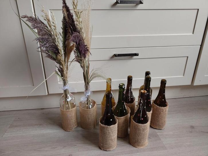 Bruiloft versiering pluim fles kaars jute, Huis en Inrichting, Woonaccessoires | Droogbloemen, Gebruikt, Ophalen