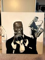 Canvas schilderij met trompettist en saxofonist, Ophalen, Gebruikt, Schilderij, 75 cm of meer