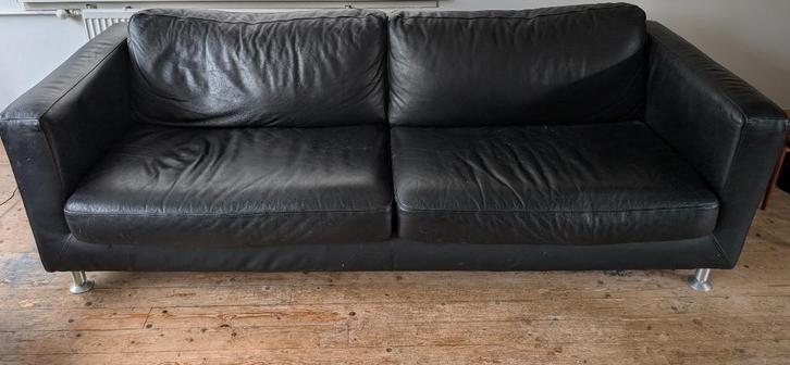 3-zits bank + 2,5-zits bank zwart leer, Huis en Inrichting, Banken | Bankstellen, Gebruikt, Rechte bank, Driepersoons, 200 tot 250 cm
