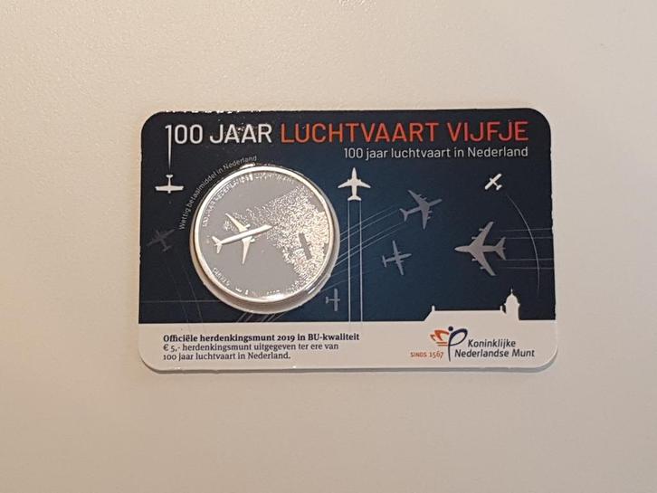 Nederland 5 Euro 2019 100 Jaar Luchtvaart vijfje Coincard BU, Postzegels en Munten, Munten | Nederland, Losse munt, Euro's, Koningin Beatrix