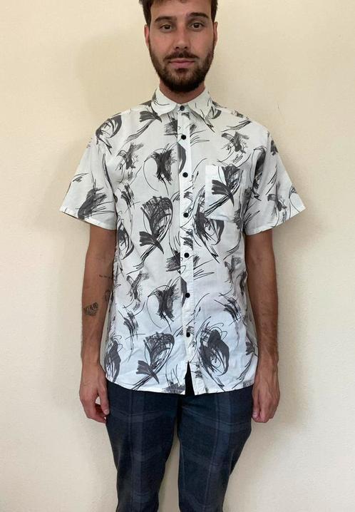 Vintage overhemd - jaren 80/90 - wit - print - M/medium, Kleding | Heren, Overhemden, Gedragen, Halswijdte 39/40 (M), Wit, Ophalen of Verzenden