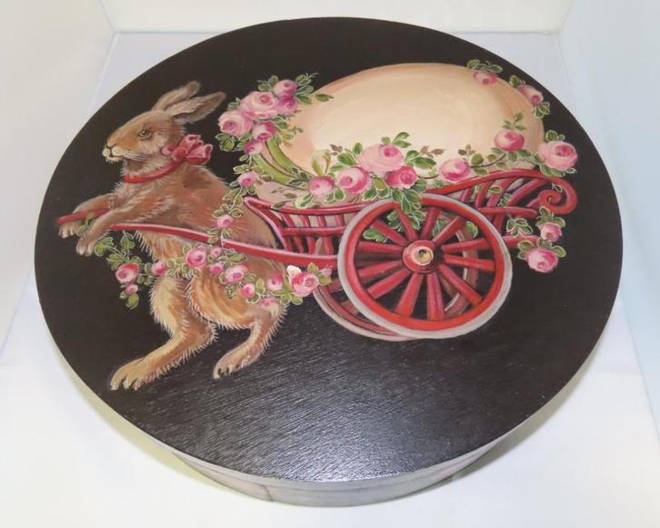 Ronde spaanen doos met paashaas schildering, Antiek en Kunst, Curiosa en Brocante, Ophalen of Verzenden