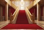 Gouden trap met rode loper 3D behang, Fotobehang4you, Huis en Inrichting, Verzenden, Minder dan 10 m², Trap, hal, villa, luxe trap, entree, halbehang