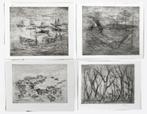 set van vier losse etsen - onduidelijk gesigneerd, Antiek en Kunst, Ophalen