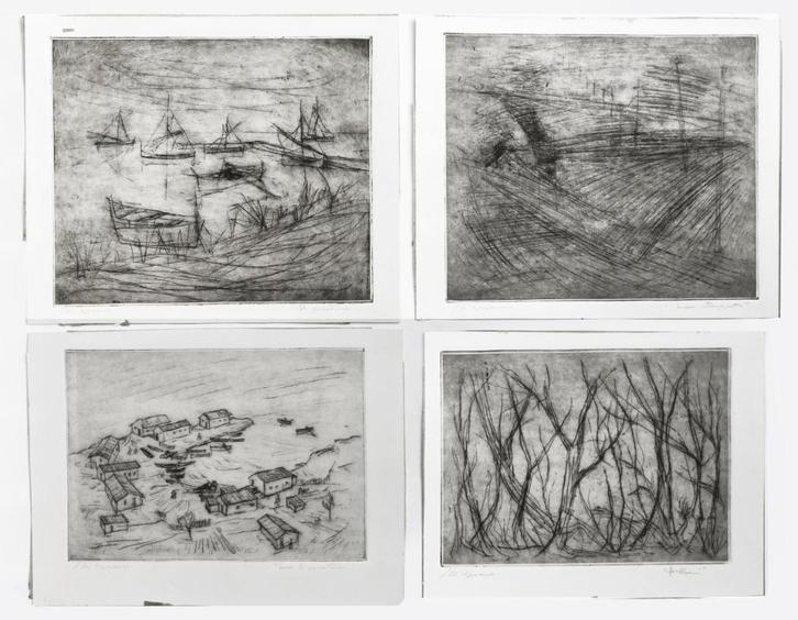 set van vier losse etsen - onduidelijk gesigneerd, Antiek en Kunst, Kunst | Etsen en Gravures, Ophalen