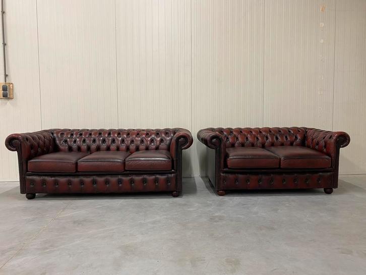 Chesterfield 3+2 bankstel Oxblood rood GRATIS BEZORGD, Huis en Inrichting, Banken | Voetenbanken en Poefen, Gebruikt, 125 cm of meer