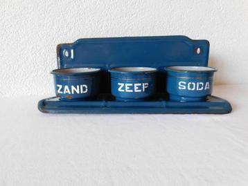 Vintage set van emaille zand zeep soda in petrol blauw met g beschikbaar voor biedingen