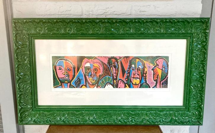 Twan de Vos: schilderij met houten lijst "De jubilarissen"., Antiek en Kunst, Kunst | Litho's en Zeefdrukken, Ophalen