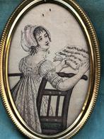 Zwarte inkt tekening miniatuur meisje 19e eeuw, Antiek en Kunst, Ophalen of Verzenden