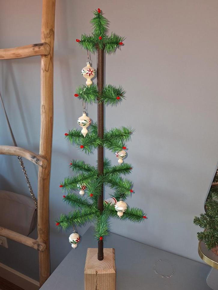 Handgeschilderde brocante feathertree kerstballetjes, Diversen, Kerst, Gebruikt, Ophalen of Verzenden