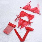 Rood lingerie setje string bh jarretels en kousen dames, Verzenden, Rood, Setje