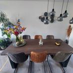 Eikenhouten eettafel boomstam, metalen onderstel, Huis en Inrichting, Tafels | Eettafels, Ophalen, 100 tot 150 cm, 200 cm of meer
