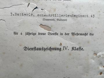WW2 artillerie oorkonde 4 jaar trouwe dienst in de Wehrmacht beschikbaar voor biedingen