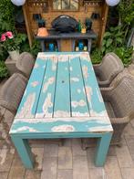 Tuinset teak hout tuintafel broccant en 4 rieten fauteuils, Ophalen, Gebruikt, Rechthoekig, Teakhout