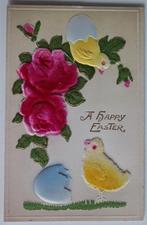 Happy Easter Pasen, kuikens ei, antieke reliëf kaart fluweel, Ophalen of Verzenden, 1920 tot 1940, Ongelopen, Feest(dag)