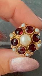 Vintage 14 karaat gouden ring met granaat en parels, Ophalen of Verzenden, Goud, Ring, Met edelsteen