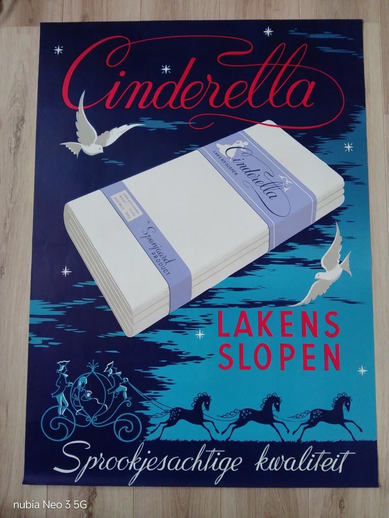 Vintage Cinderella Laken en Slopen Reclame Poster, Rechthoekig Staand, Ophalen of Verzenden, Zo goed als nieuw, A1 t/m A3
