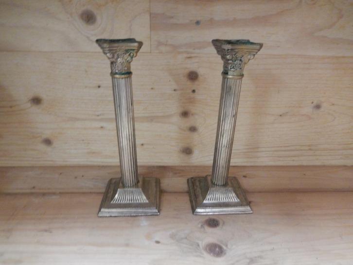 Set zware zilverkleurige kandelaars – 23 cm hoog, Antiek en Kunst, Antiek | Kandelaars, Ophalen of Verzenden