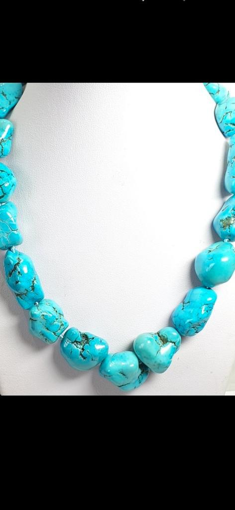 Prachtig handgesponnen Turkuooise ketting., Sieraden, Tassen en Uiterlijk, Kettingen, Nieuw, Zilver, Blauw, Met edelsteen, Verzenden