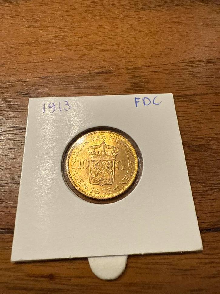 1913 Gouden Tientje Wilhelmina - FDC, Postzegels en Munten, Munten | Nederland, Losse munt, 10 gulden, Koningin Wilhelmina, Goud