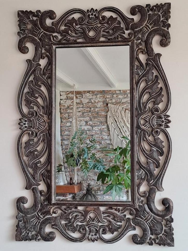 Spiegel Bali houtsnijwerk, Huis en Inrichting, Woonaccessoires | Spiegels, Nieuw, 75 tot 100 cm, 100 tot 150 cm, Rechthoekig, Ophalen