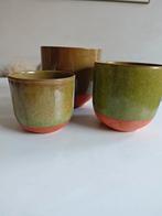Plantenpot 3 stuks (nest) van aardewerk + groen glazuur, Tuin en Terras, Bloempotten, Rond, Binnen, Ophalen of Verzenden, Zo goed als nieuw