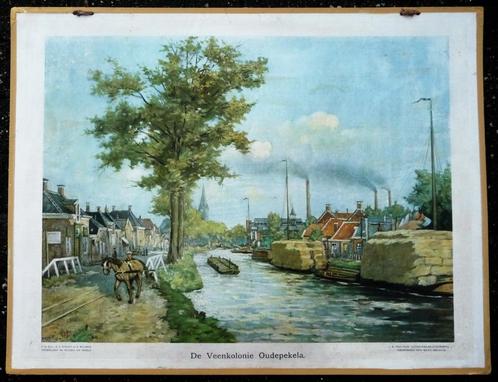 Oude schoolplaat veenkolonien Oude Pekela in Groningen, Antiek en Kunst, Antiek | Schoolplaten, Stad- en Dorpsgezichten, Ophalen of Verzenden