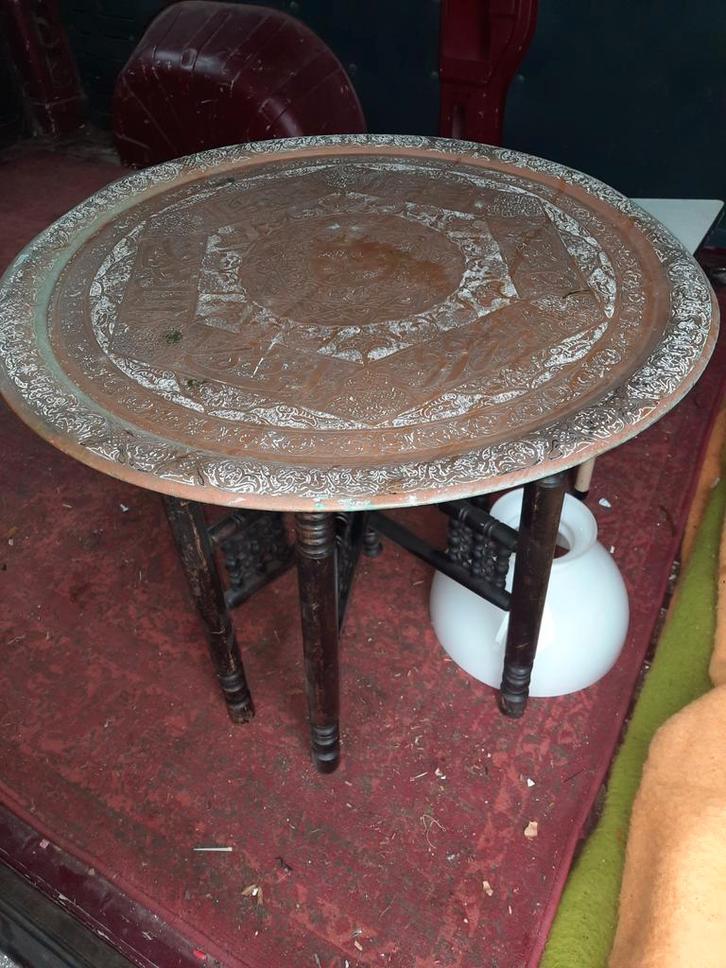 Antieke Koperen Tafel met Houten Onderstel, Antiek en Kunst, Antiek | Meubels | Tafels, Ophalen of Verzenden