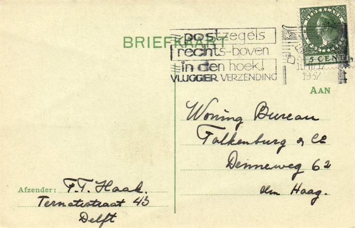F.T. Haak, Delft - briefkaart - 1937 geschreven en verzonden, Postzegels en Munten, Brieven en Enveloppen | Nederland, Briefkaart