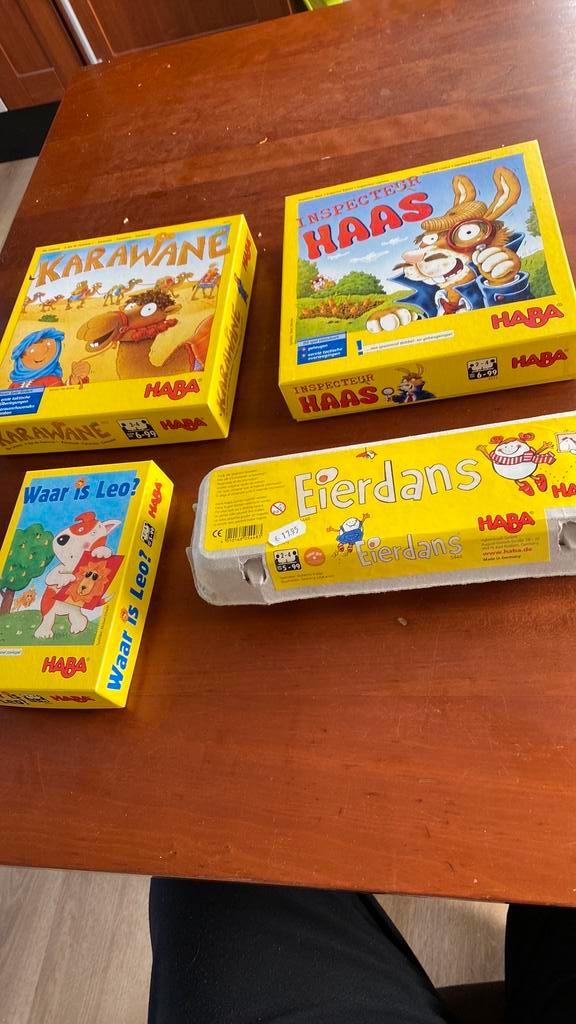 Haba spellen. Insp. Haas, Karavaan, Waar is Leo en Eierdans, Hobby en Vrije tijd, Gezelschapsspellen | Bordspellen, Zo goed als nieuw