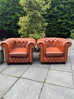 2 Stoere Chesterfield Clubfauteuils, Gebruikt, 100 tot 125 cm, Chesterfield, Leer