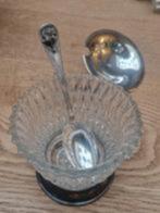 jampot/ suikerpot kristal met verzilverde voet deksel lepel., Ophalen of Verzenden