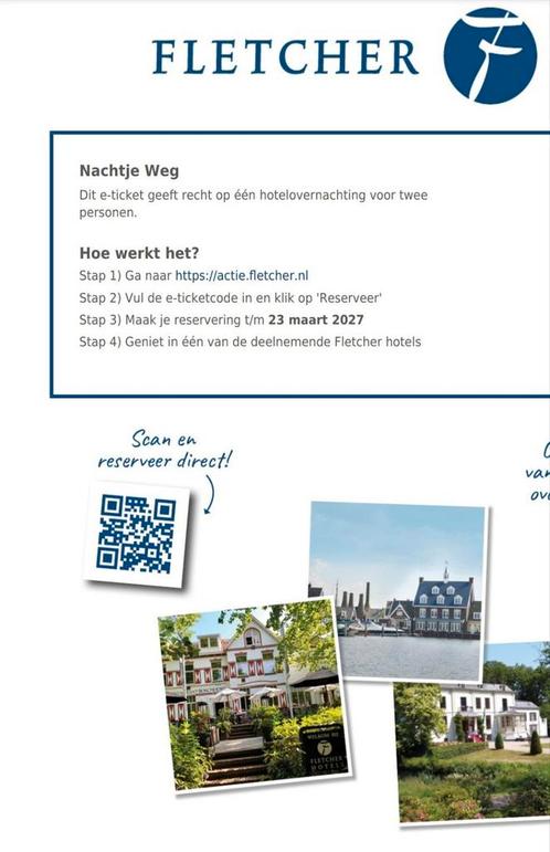 Fletcher hotel voucher 1 nacht 2 pers, Tickets en Kaartjes, Hotelbonnen, Twee personen, 1 overnachting