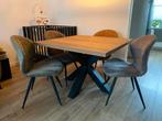 Eiken eettafel met kruispoot + 4 stoelen, Ophalen, Vier personen, 100 tot 150 cm, 100 tot 150 cm