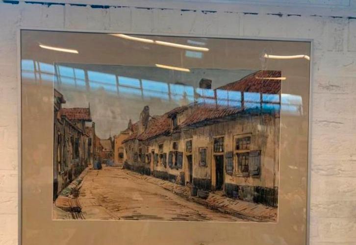 Schilderij ets aquarel Piet Teunnisen dopstraatje stadsstraa, Antiek en Kunst, Kunst | Schilderijen | Klassiek, Ophalen of Verzenden
