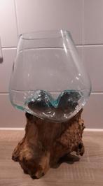 Glazen vaas op houten stronk - Uniek decoratiestuk, Gebruikt, Overige kleuren, Ophalen of Verzenden, Glas
