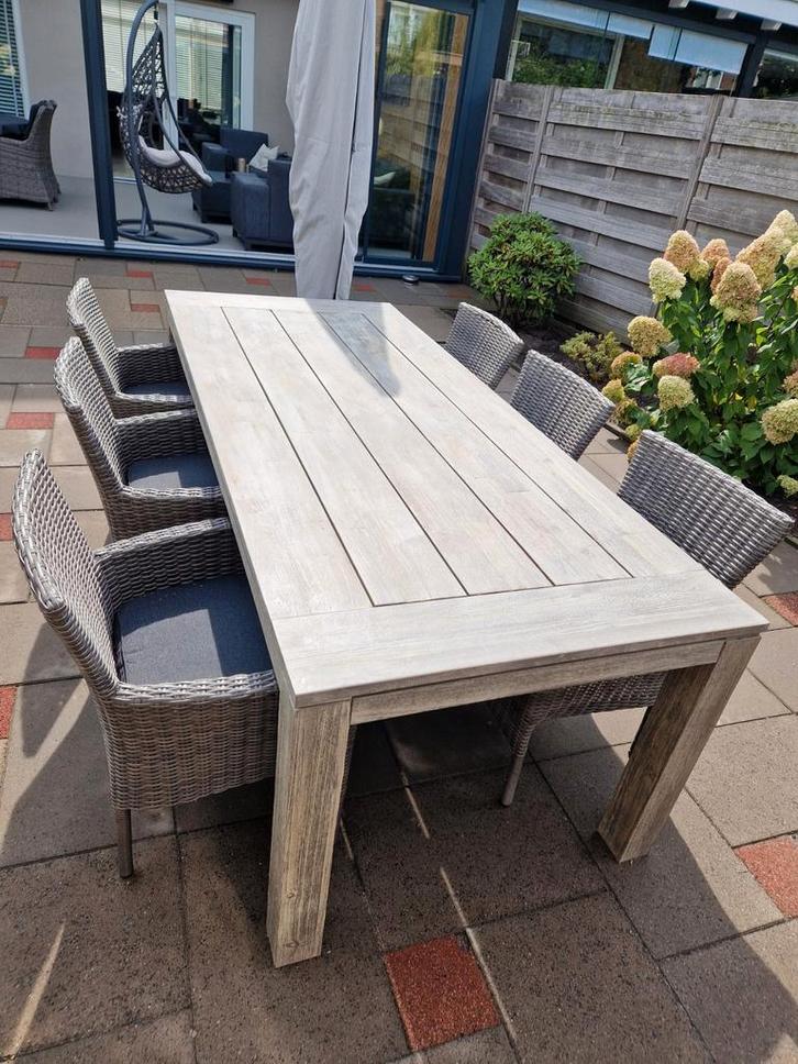 Cancun tuintafel met 6 Aruba dining wicker tuinstoelen, Tuin en Terras, Tuinsets en Loungesets, Zo goed als nieuw, Tuinset, Hout