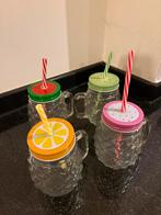 Glazen drinkbekers met handvat, deksel en rietje, Verzamelen, Glas en Borrelglaasjes, Ophalen, Zo goed als nieuw, Overige typen