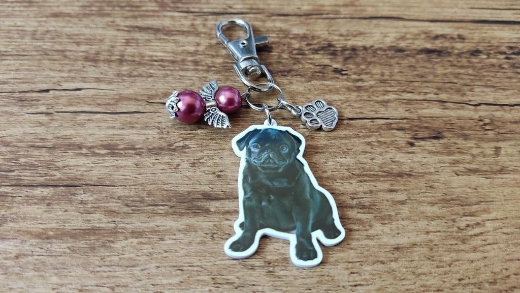 Sleutelhanger Pug Mopshond zwart met beschermengeltje, Verzenden, Nieuw