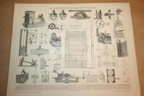 Antieke prent - Veiligheid bij machines/apparaten - 1885 !!, Verzamelen, Foto's en Prenten, Gebruikt, Voor 1940, Ophalen of Verzenden