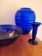 vaas kandelaar schaal kobalt blauw glas kobaltblauw ribbels, Blauw, Ophalen of Verzenden, Minder dan 50 cm, Glas
