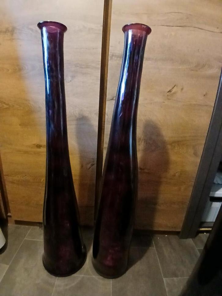 Hoge Aubergine Glazen Vazen - 1 Meter, Huis en Inrichting, Woonaccessoires | Vazen, Zo goed als nieuw, Overige kleuren, 75 cm of meer