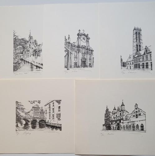 Serie van 5 litho’s ‘Mechelen Die Heerlijke’ door Daniël Win, Antiek en Kunst, Kunst | Litho's en Zeefdrukken, Ophalen