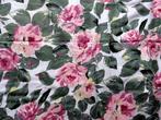 Katoenen lap wit met roze rozen en groen blad 265 x 130 cm, 200 cm of meer, 120 cm of meer, Roze, Zo goed als nieuw