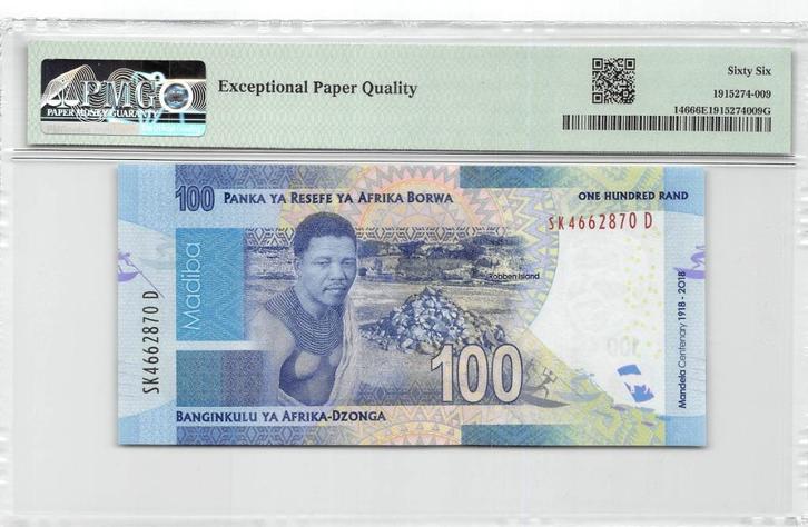 South Africa 100 Rand 2018 Unc PMG 66 EPQ, Postzegels en Munten, Bankbiljetten | Afrika, Los biljet, Zuid-Afrika, Ophalen of Verzenden