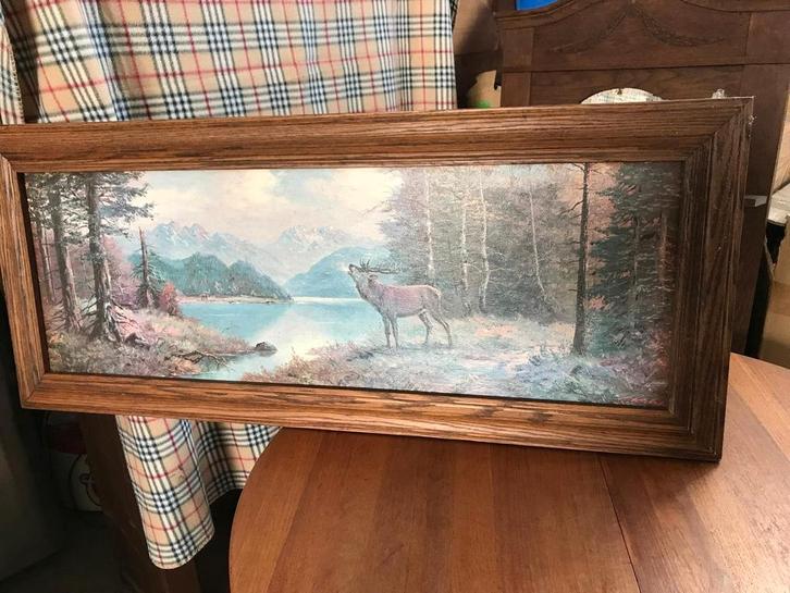 Ingelijste prent: Hert bij meer, Antiek en Kunst, Kunst | Schilderijen | Klassiek, Ophalen